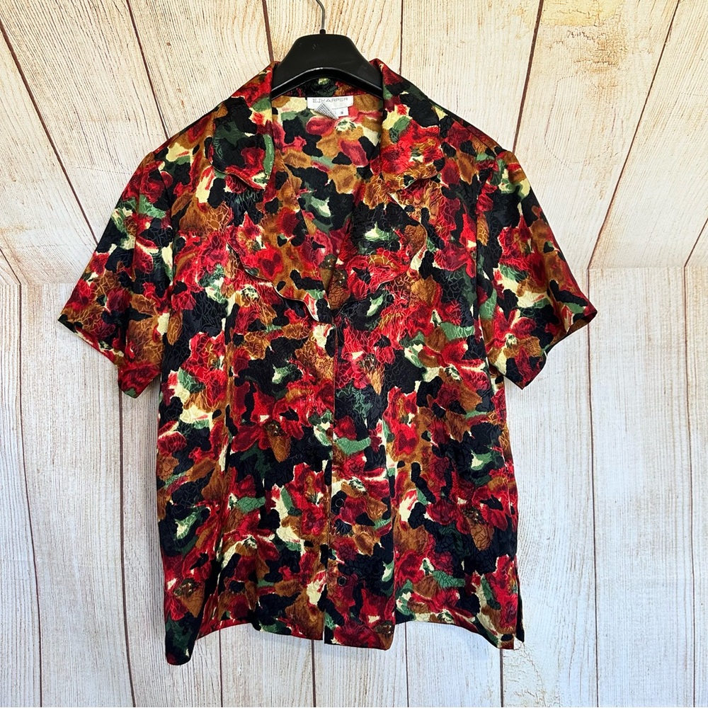 Vintage EJHarper Red Floral Scallop Neckline Button Down Size 8